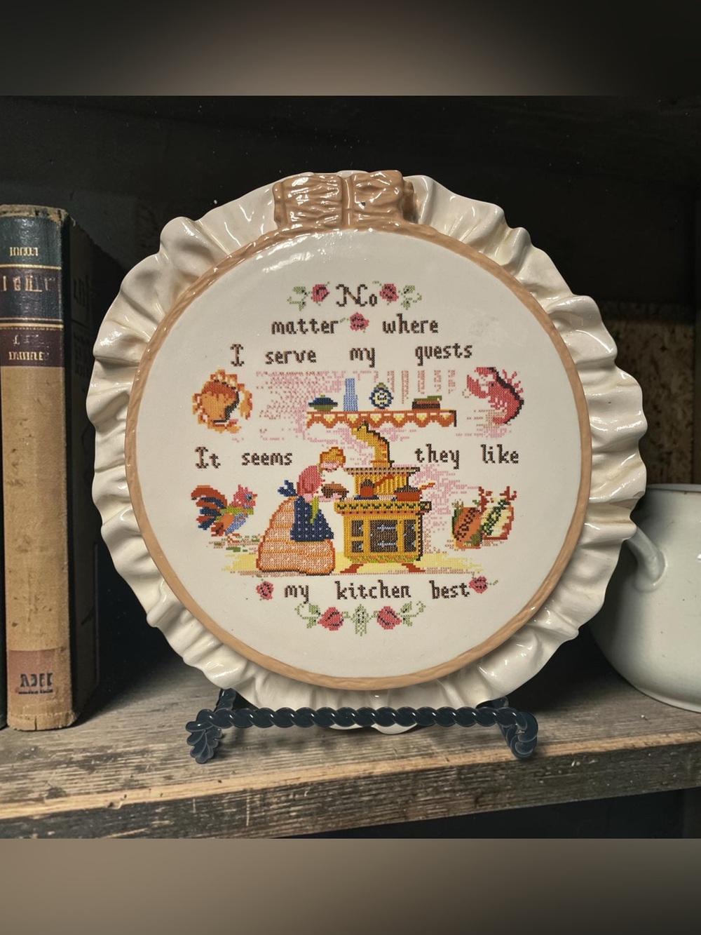 Vintage Ceramic Kitchen Wall Plate - Floral & Rooster. Looks like embroidery!